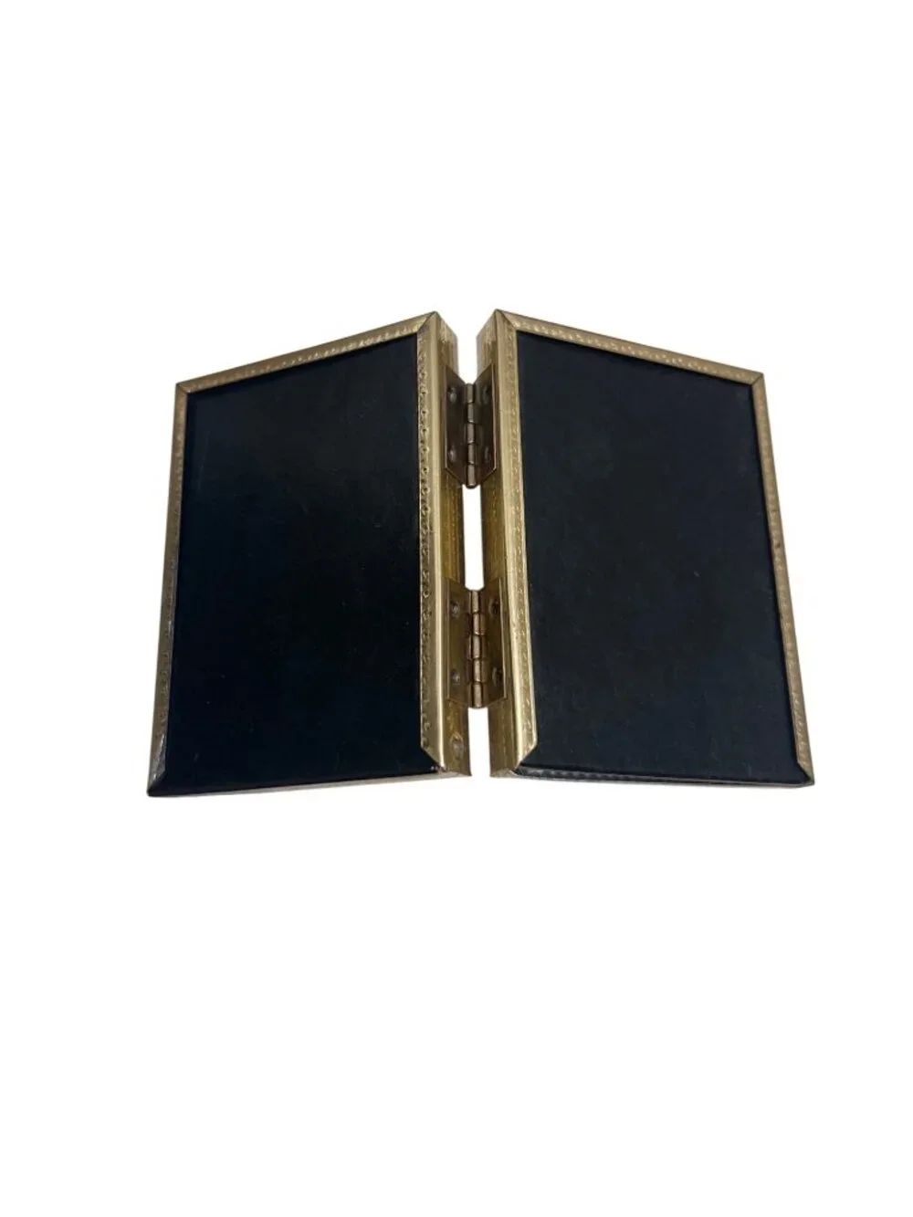 Gold Hinged Miniature Double Picture Frame Set With Ribbed Backing - Vintage Sty